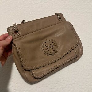 Tory Burch Marion Whipstitch Taupe Leather Shoulder Bag